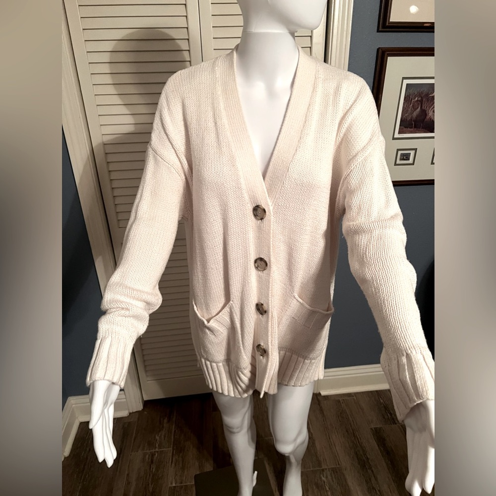 Loft White Button Up Cardigan Sweater Size Medium With Brown Buttons